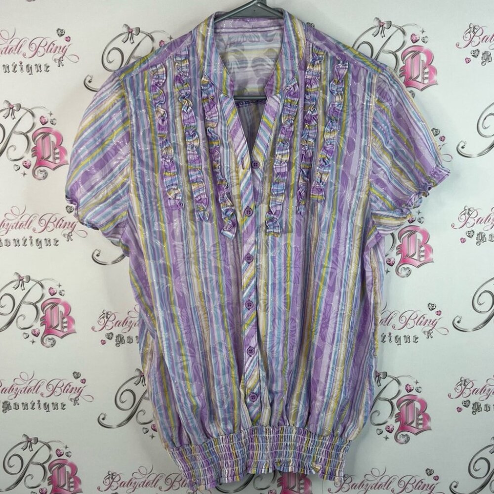 Shirt flowers ruffle details vintage Striped Purple Blouse with Floral Accents